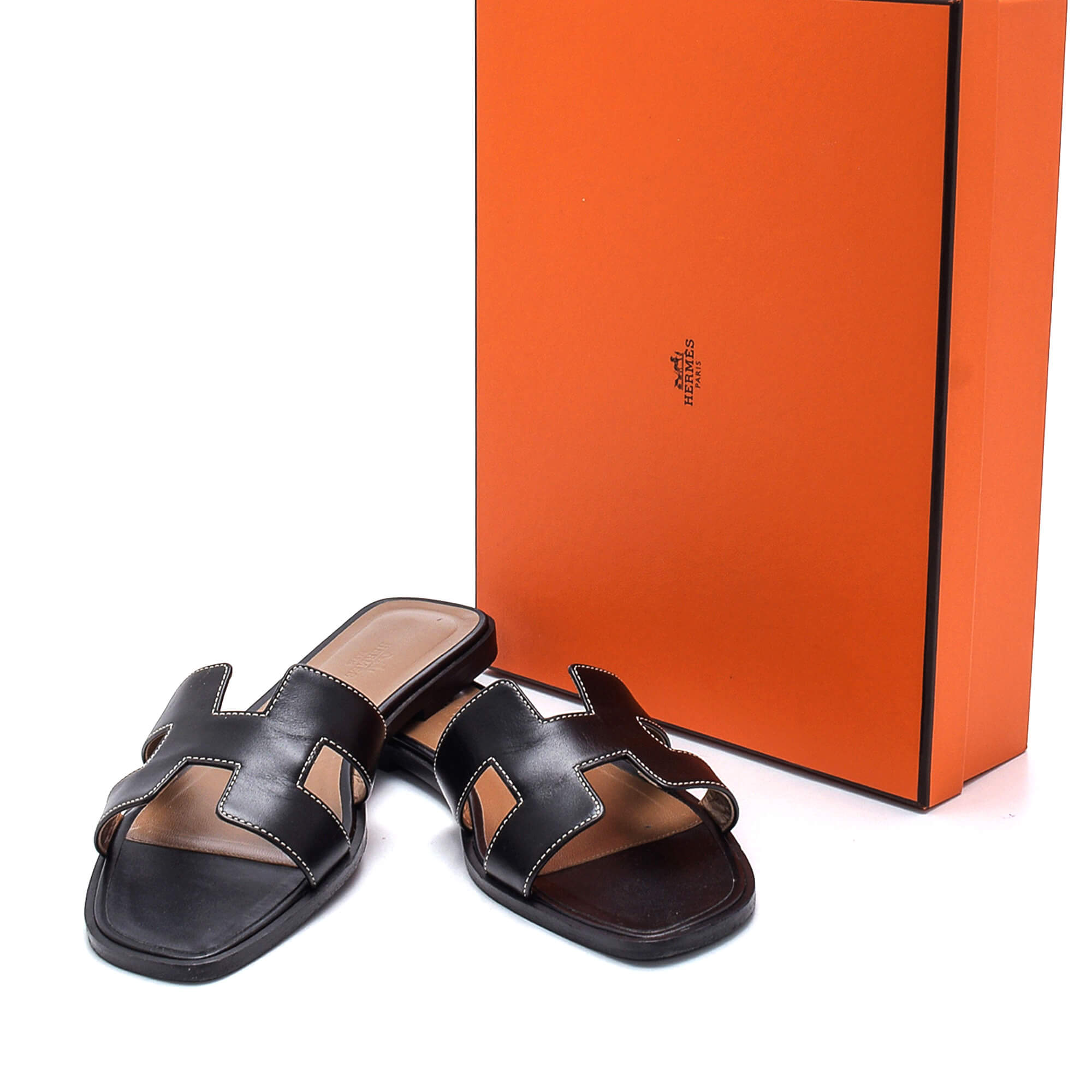 Hermes - Black Calfskin Leather Oran Sandals 